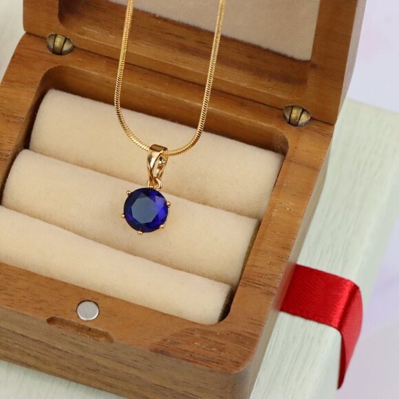 "Royal Blue Round Pendant in Gold Finish for Elegant Everyday Style, XPPT1677 - Picture 3 of 13